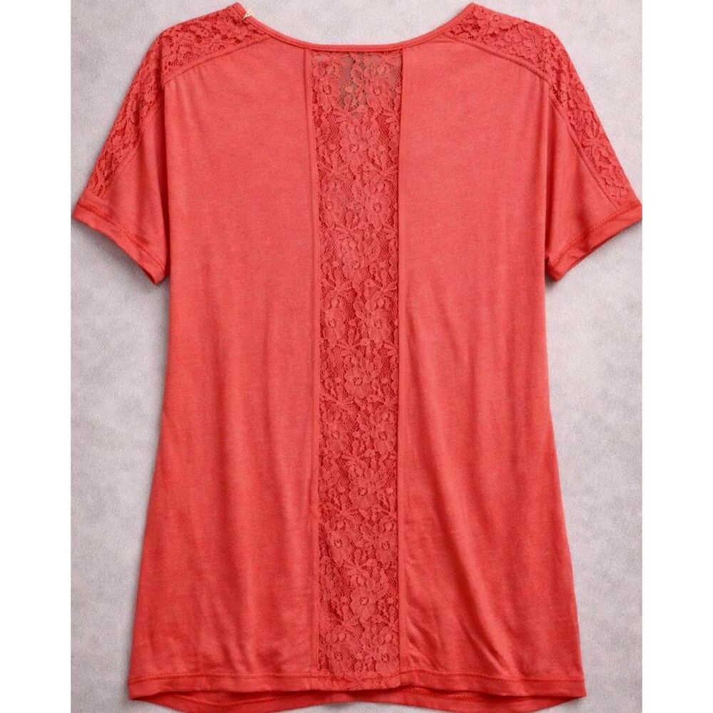 Coral Lace Back Top Womens M Allie & Rob Crochet Boho Short Sleeve Blouse